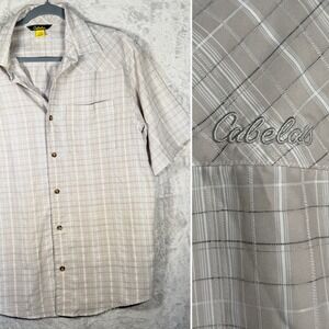 Cabelas Mens Button Front Shirt Size M Gray Cream Plaid‎ Outdoor Hiking Fishing